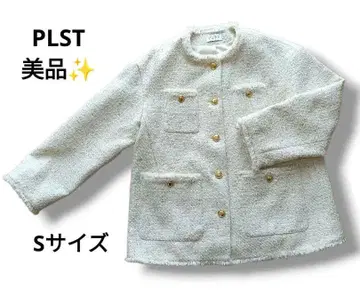 PLST 트위드 노카라 자켓 메탈 버튼 새상품급 S 화이트