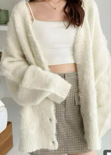 헤더 아이보리 볼륨 니트 가디건 F