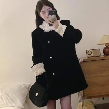 17kg 겨울 퀼팅 충전솜 코트 스트레이트 펄 레이스 울 코트 원피스