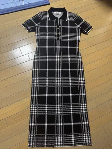 Gold-Buttoned Plaid Knit Dress
