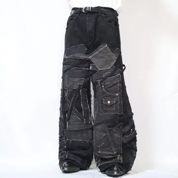 [ 리메이크 ] 재구축 블랙 데님 패치워크 와이드 플레어 루즈 그런지