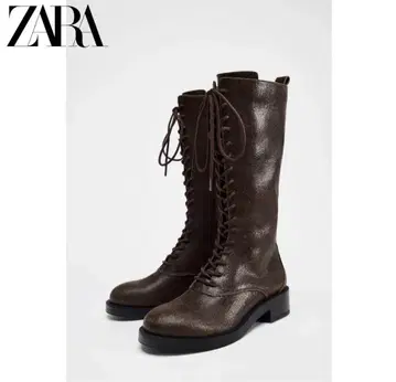 ZARA 소가죽 레이스업 부츠 브라운