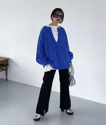 PAGEBOY 케이블 V넥 풀오버 블루