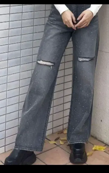 하이웨스트 KNEE 데미지 bijou 와이드 데님 팬츠