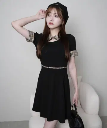LIPSERVICE 체크 카라 플레어 니트 원피스