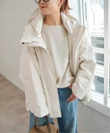발수 후디드 다운 하프 코트