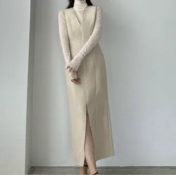 [새상품급] 프론트 더블 지퍼 I 라인 오버롤 스커트 아이보리