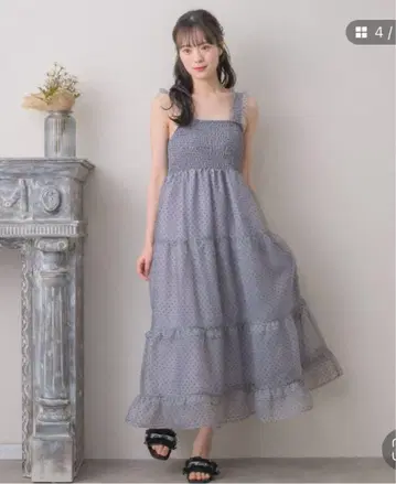 도트 무늬 프릴 롱 원피스