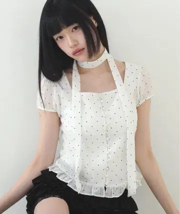 Ribbon Tie Square Neck Blouse White Dot