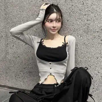 다리치 Darich 리본 레이스 레이어드 리브 상의