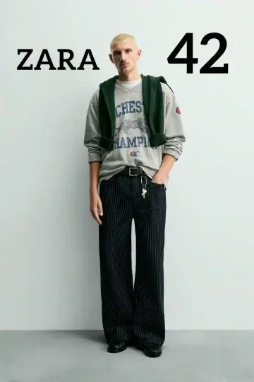 ZARA CHAMPION 콜라보 스트라이프 배기 핏 청바지 42