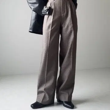 굵은 벨트 하이웨스트 울 라이크 컬러 턱 슬랙스