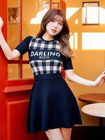 다리치 깅엄 체크 니트 미니 원피스