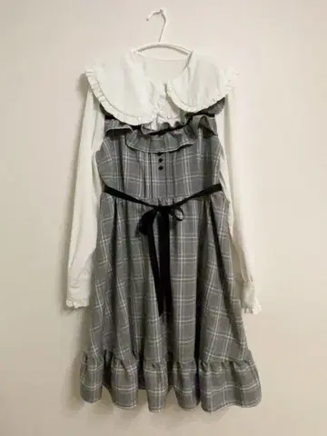 유메텐보 둥근 카라 블라우스 체크 원피스 세트 XL