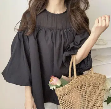 LAUIR 벌룬 슬리브 시어 블라우스 블랙 L 사이즈