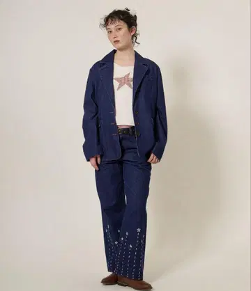 TINA JOJUN 자수 디자인 다크 블루 데님 팬츠
