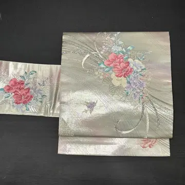 나고야 오비 순수 실크 니시진 비단 당직 비단 화이트 꽃 중고 so094
