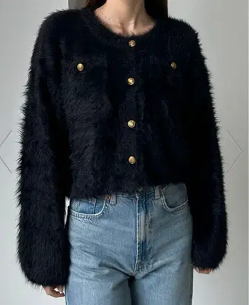 Louere 샤기 니트 가디건 블랙