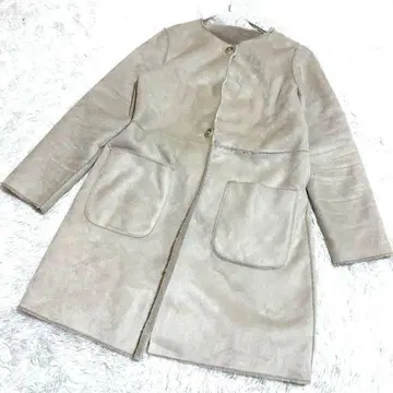 베이지 스웨이드풍 무스탕 코트 빅 포켓 겨울 따뜻한 버튼