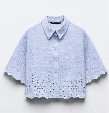 ZARA 자수 크롭 셔츠 라이트 블루