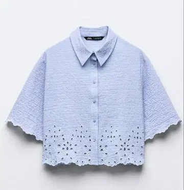 ZARA 자수 크롭 셔츠 라이트 블루