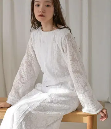 택 포함! Bou Jeloud BAb 화이트 레이스 장식 롱 원피스