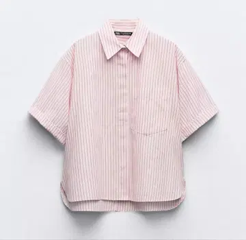 ZARA 포켓 포플린 셔츠 라이트핑크 스트라이프 반팔