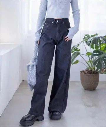 다크 데님 와이드 팬츠 하이웨스트