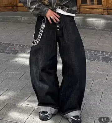 블랙 배기 데님 y2k Street Style 해외 스트릿