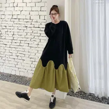 모드 스타일 원피스 블랙 여성용 긴팔 밑단 플레어 개성있는 멋쟁이