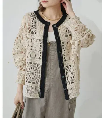 [새상품급] 퓨어세신 크로셰 뜨개질풍 미배색 가디건