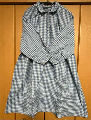 치어 삿포로 파랑과 그레이 체크 무늬 긴팔 원피스 면 소재 미사용 새상품
