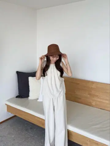 린넨 혼방 어깨 리본 백 오픈 셋업