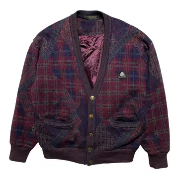 구제 빈티지 울 니트 체크 무늬 가디건 남성용 L 보르도 계열