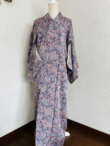 보라색 꽃무늬 코몬 기모노 앤티크
