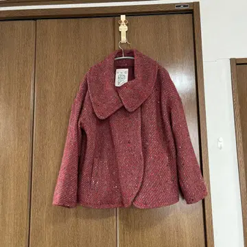 빨간색 울 혼방 피 코트 큰 카라 부착