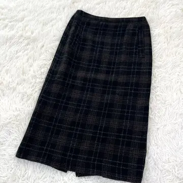 체크 무늬 울 롱 스커트 타이트 일본제 블랙 브라운