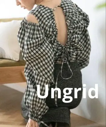 인기 Ungrid 깅엄 체크 팩 오버 블라우스 블랙 화이트 리본