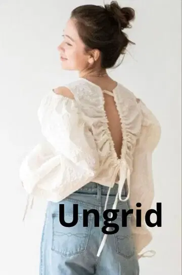 인기 Ungrid 깅엄 체크 백 오픈 블라우스 화이트 리본