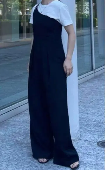 moussy 블랙 와이드 레그 올인원 원숄더 살로펫