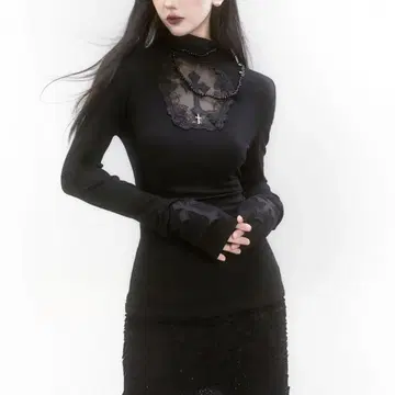 Myurina 십자가 시스루 긴팔 T셔츠 지뢰계 모에소매 고스로리