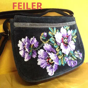 FEILER 꽃무늬 숄더백 블랙 보라색 꽃무늬 자수 조절 가능 숄더