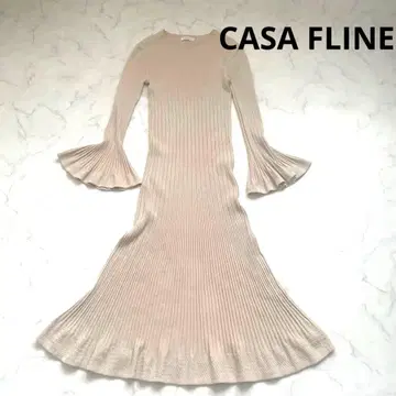 CASA FLINE 패턴 리브 플레어 니트 원피스 베이지 플리츠