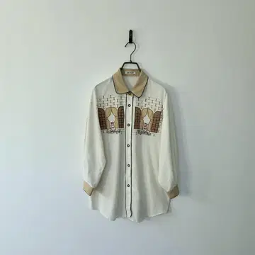 구제 의류 자수 블라우스 7부 소매 체크 브라운 베이지 레트로 파이핑 L