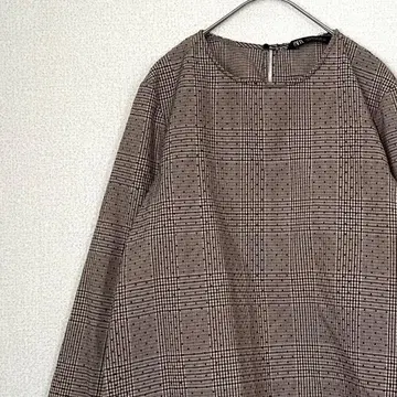 ZARA 블라우스 크루넥 체크 무늬 하운드투스 도트 무늬 심플