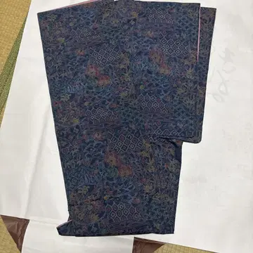 네이비 컬러 실크 기모노 꽃무늬 기하학 패턴 이중
