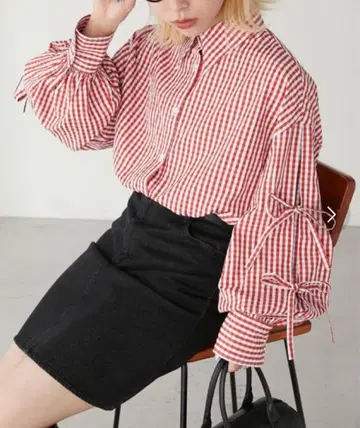 깅엄 체크 볼륨 슬리브 셔츠