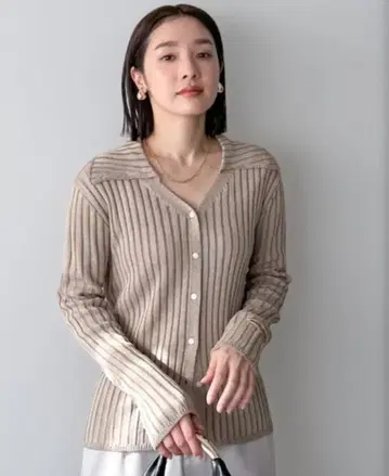 DOUX ARCHIVES 린넨 라이크 프론트 오픈 리브 니트