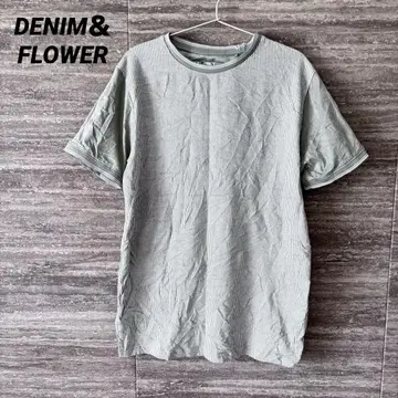 DENIM & FLOWER 반팔 T셔츠 M 스트라이프 패턴 카키 새상품급