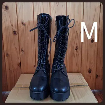 통굽 레이스업 롱 부츠 M 블랙